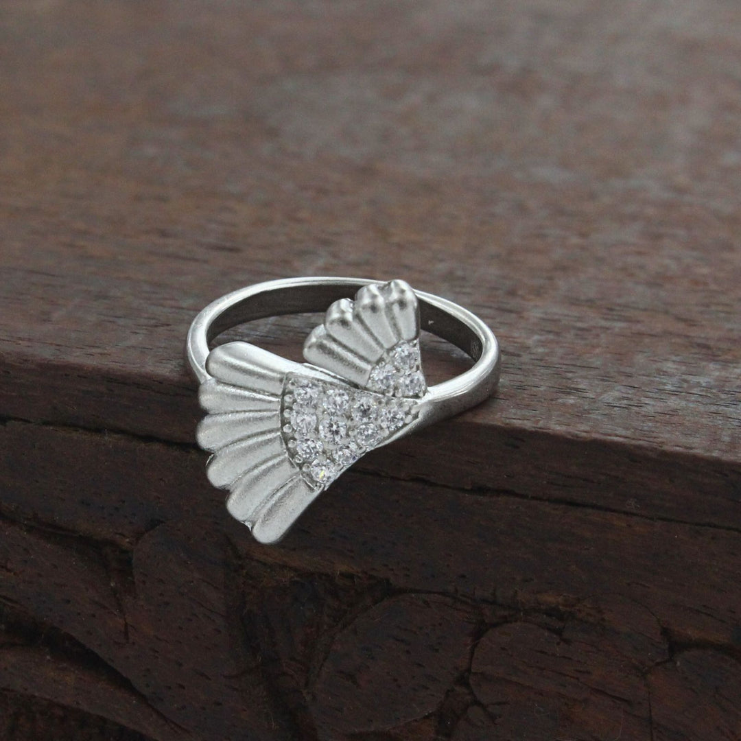 925 Real Silver White CZ Platinum Finish Fan shape Ring