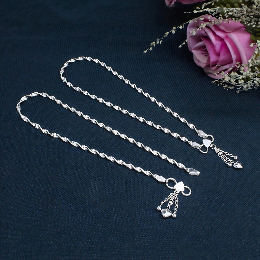 925 Sterling Silver Women Twisted Design Hanging Heart Tassel Anklet - 10.3 in