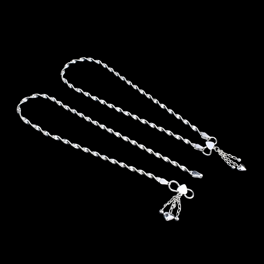 925 Sterling Silver Women Twisted Design Hanging Heart Tassel Anklet - 10.3 in