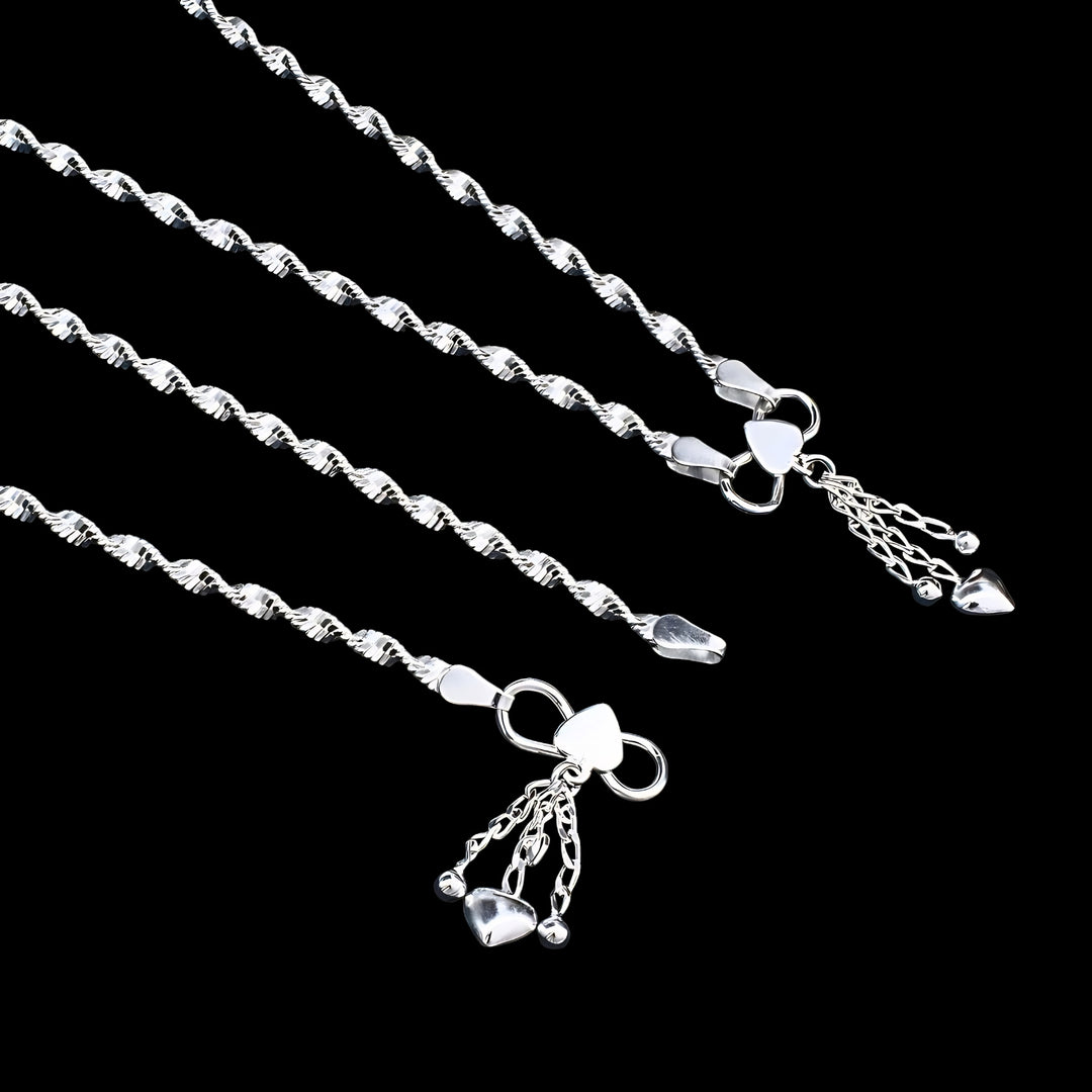 925 Sterling Silver Women Twisted Design Hanging Heart Tassel Anklet - 10.3 in