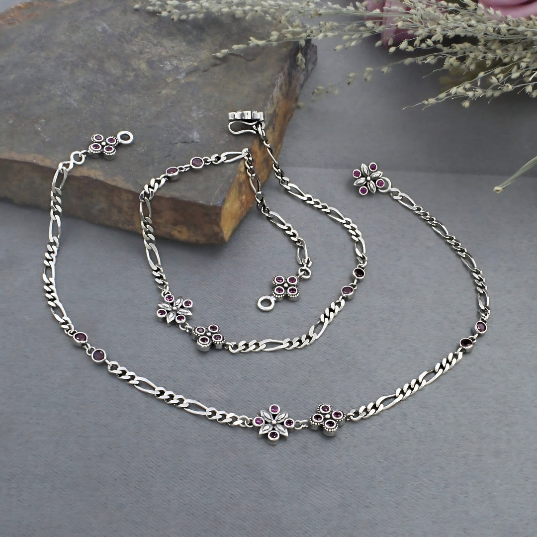 925 Sterling Silver Pink White CZ Oxidized Figaro chain links Anklet Pair 10.3"
