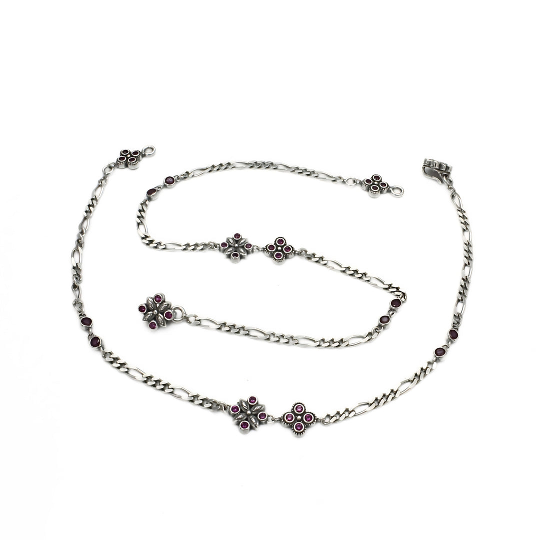 925 Sterling Silver Pink White CZ Oxidized Figaro chain links Anklet Pair 10.3"
