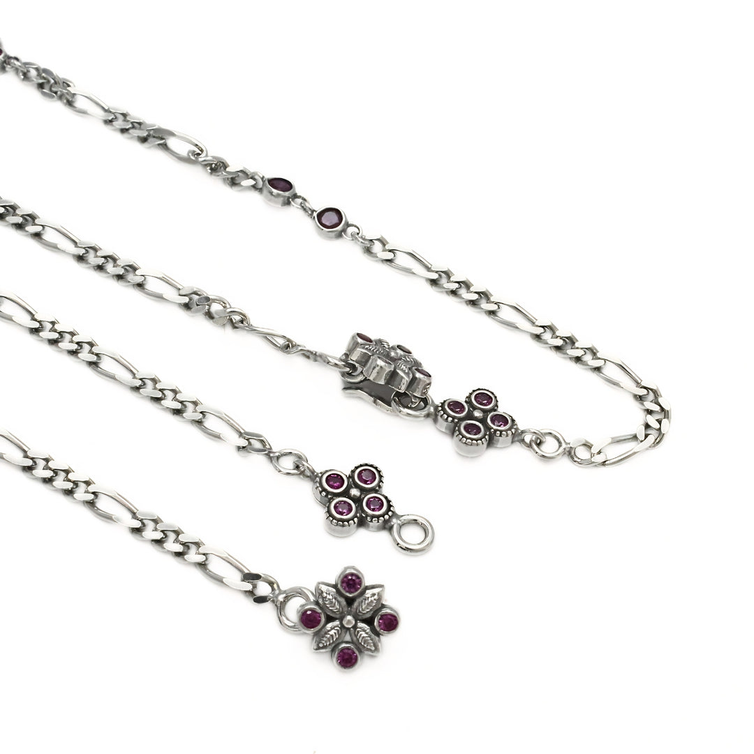 925 Sterling Silver Pink White CZ Oxidized Figaro chain links Anklet Pair 10.3"