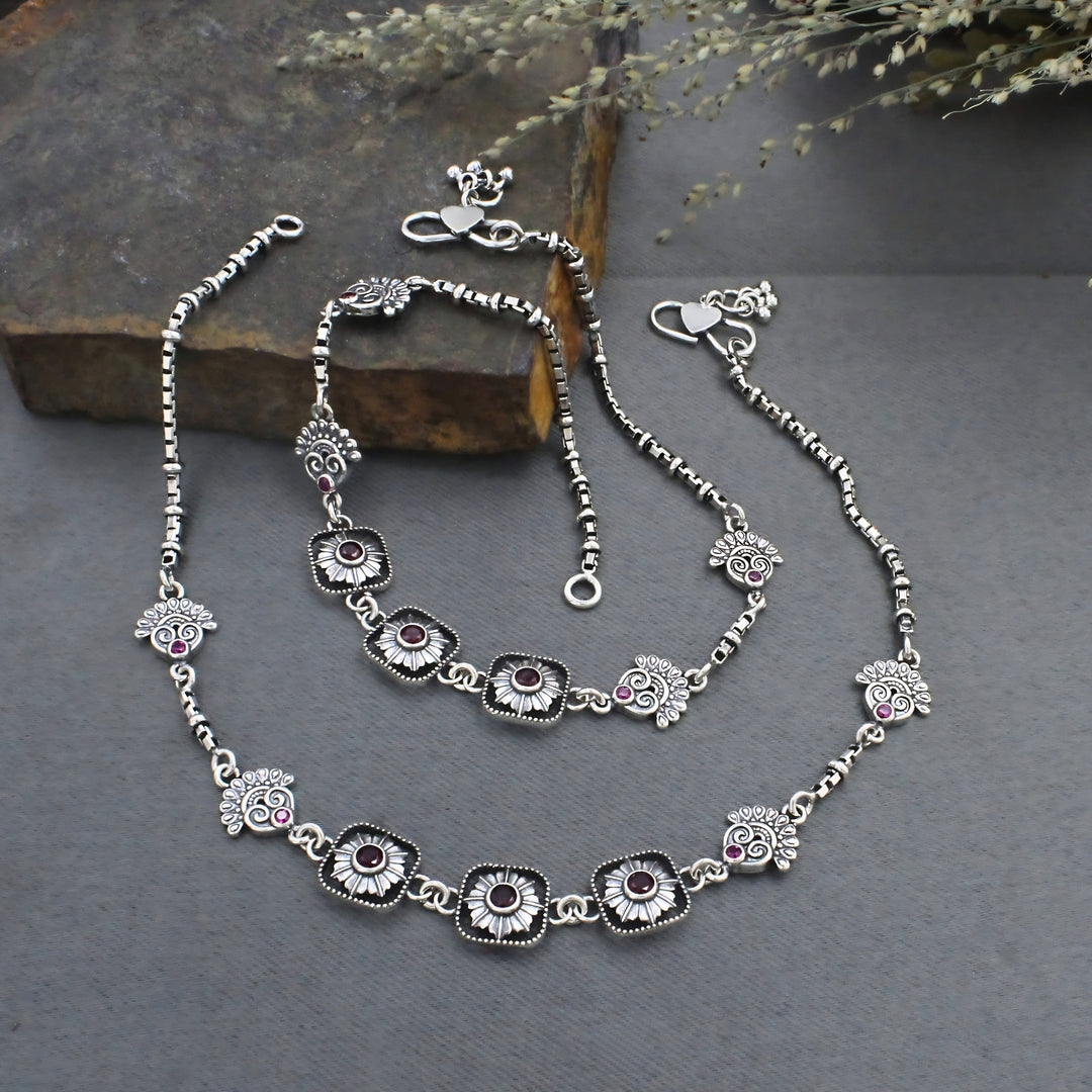 925 Sterling Silver Pink CZ Oxidized Traditional Paisley Anklet Pair 10.3"