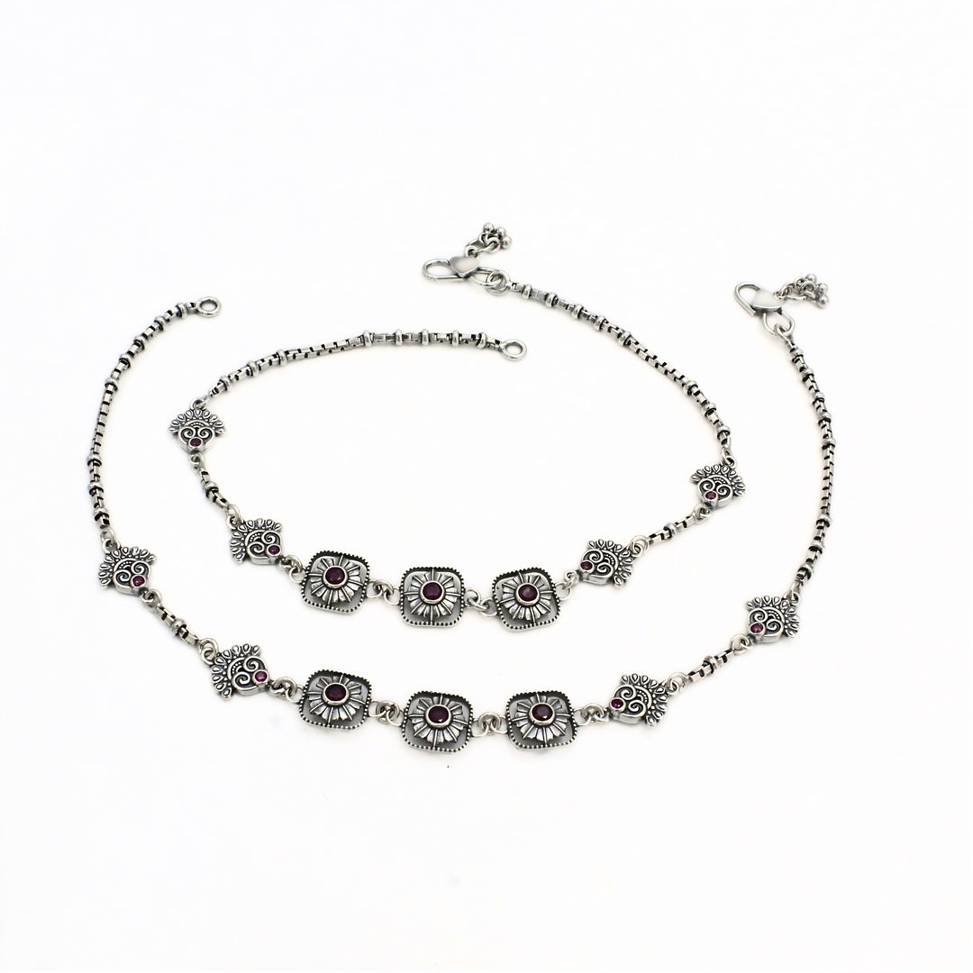 925 Sterling Silver Pink CZ Oxidized Traditional Paisley Anklet Pair 10.3"