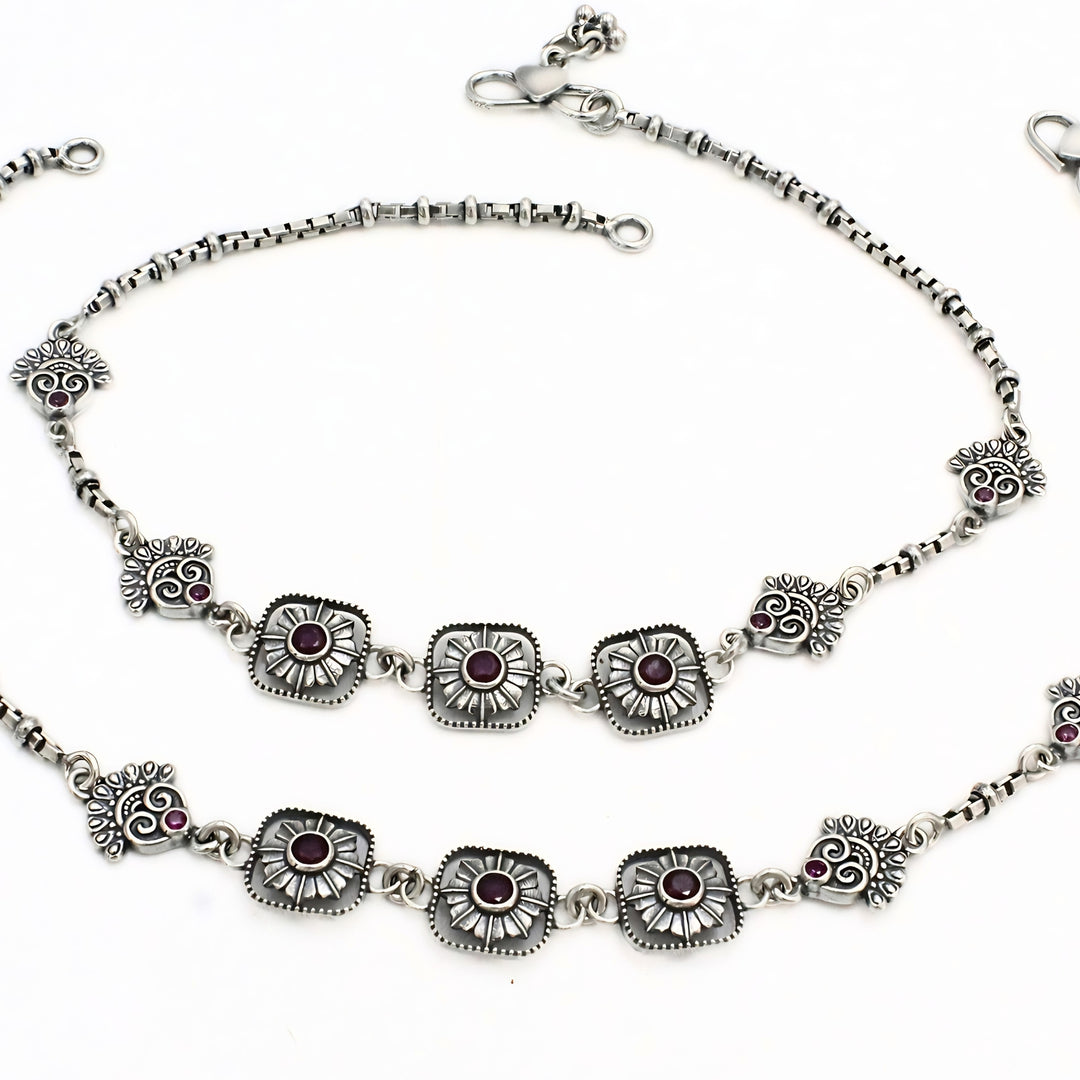 925 Sterling Silver Pink CZ Oxidized Traditional Paisley Anklet Pair 10.3"
