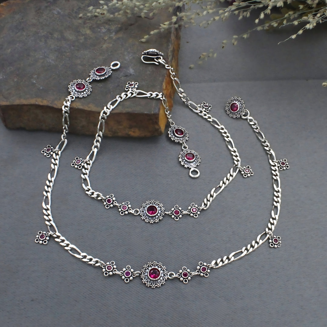 Classic Figaro Style Pink CZ Anklet Pair – 925 Sterling Silver Oxidized Finish 10.3 Inch