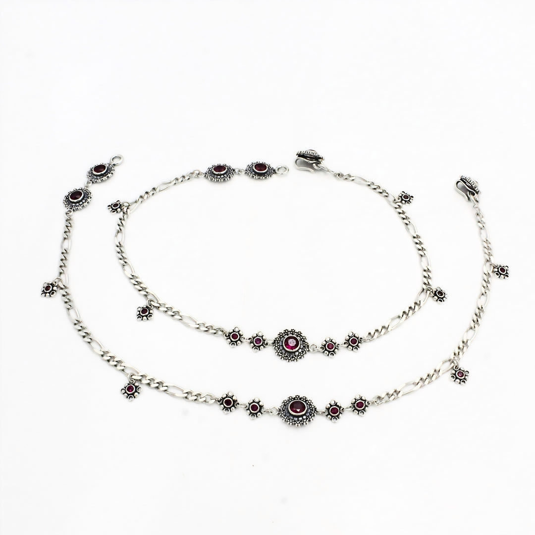 Classic Figaro Style Pink CZ Anklet Pair – 925 Sterling Silver Oxidized Finish 10.3 Inch
