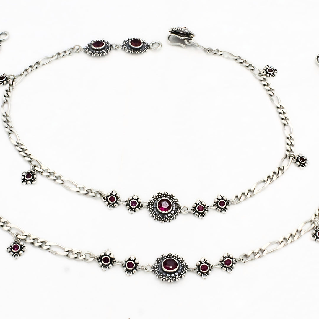 Classic Figaro Style Pink CZ Anklet Pair – 925 Sterling Silver Oxidized Finish 10.3 Inch