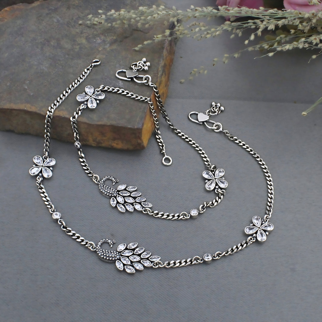 925 Silver White CZ Oxidized Design Peacock Anklet Pair for Women