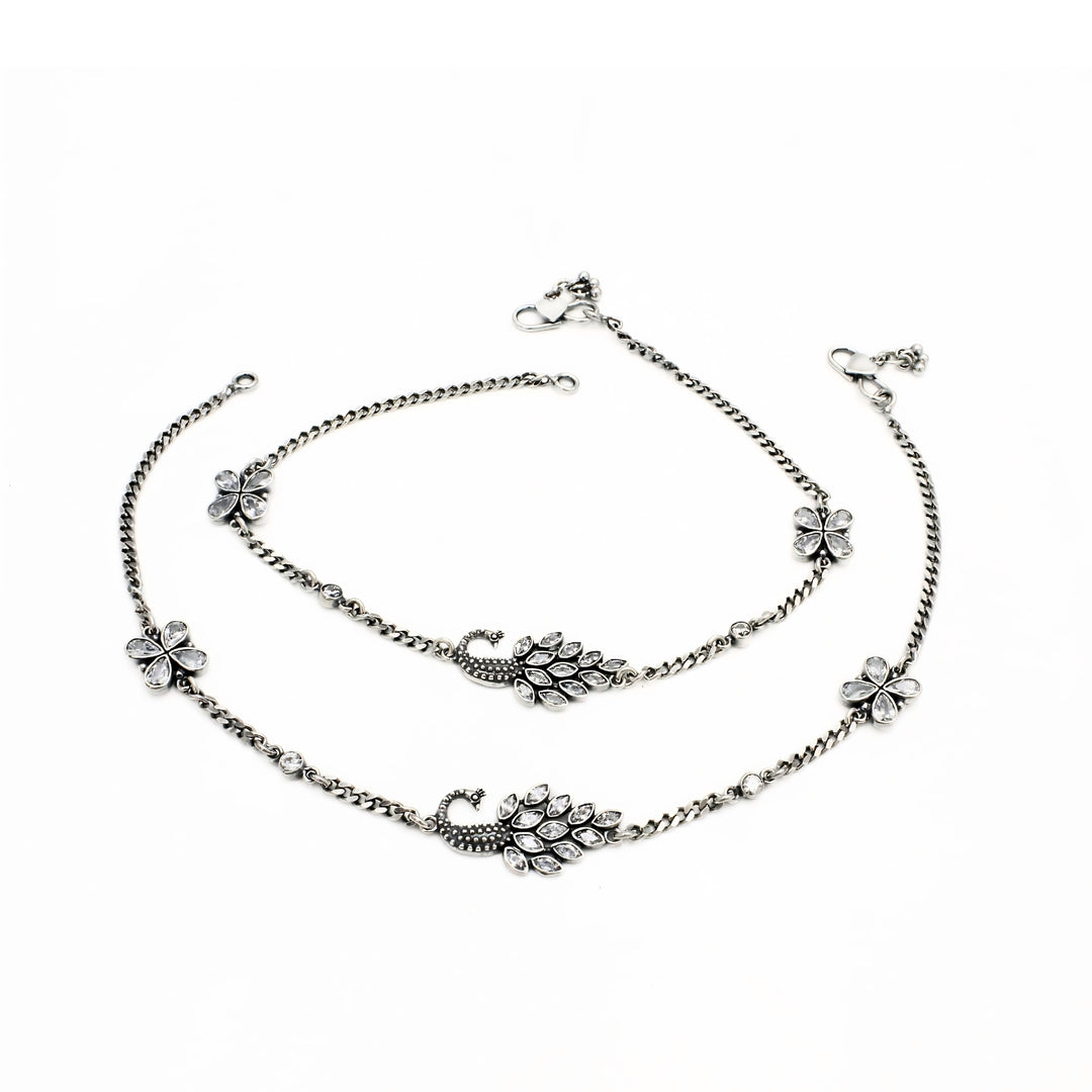 925 Silver White CZ Oxidized Design Peacock Anklet Pair for Women