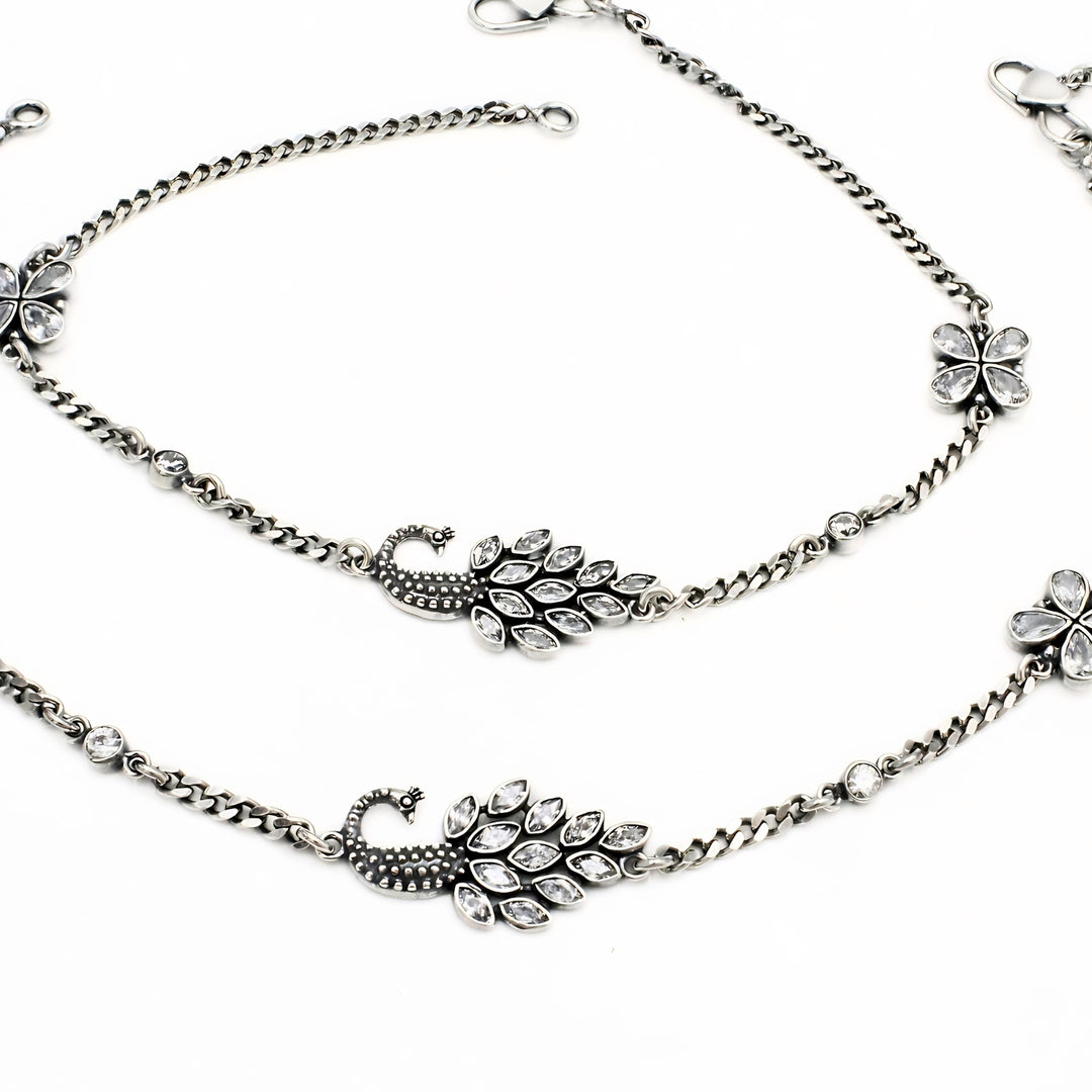 925 Silver White CZ Oxidized Design Peacock Anklet Pair for Women