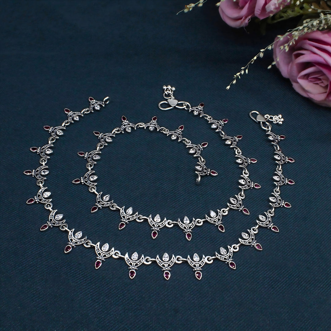 925 Silver Pink and White CZ Crescent Charm Oxidized Anklet Pair for Women - 10.3 in