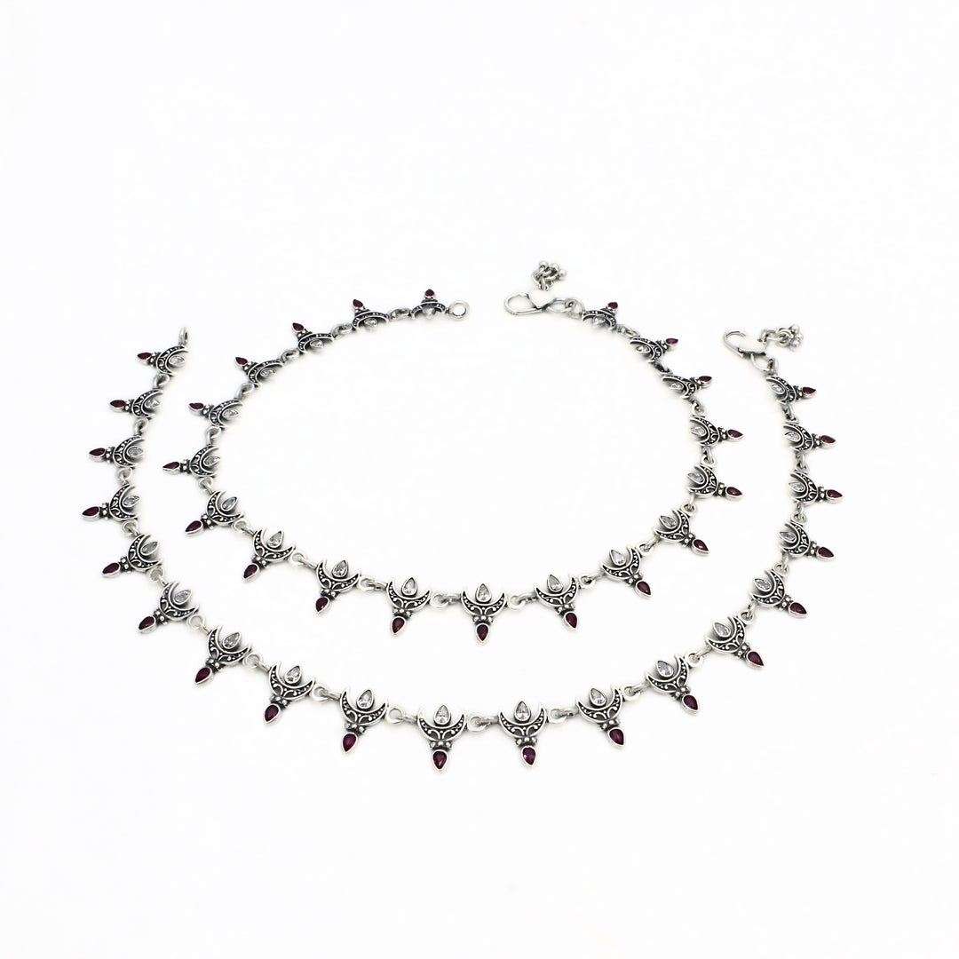 925 Silver Pink and White CZ Crescent Charm Oxidized Anklet Pair for Women - 10.3 in
