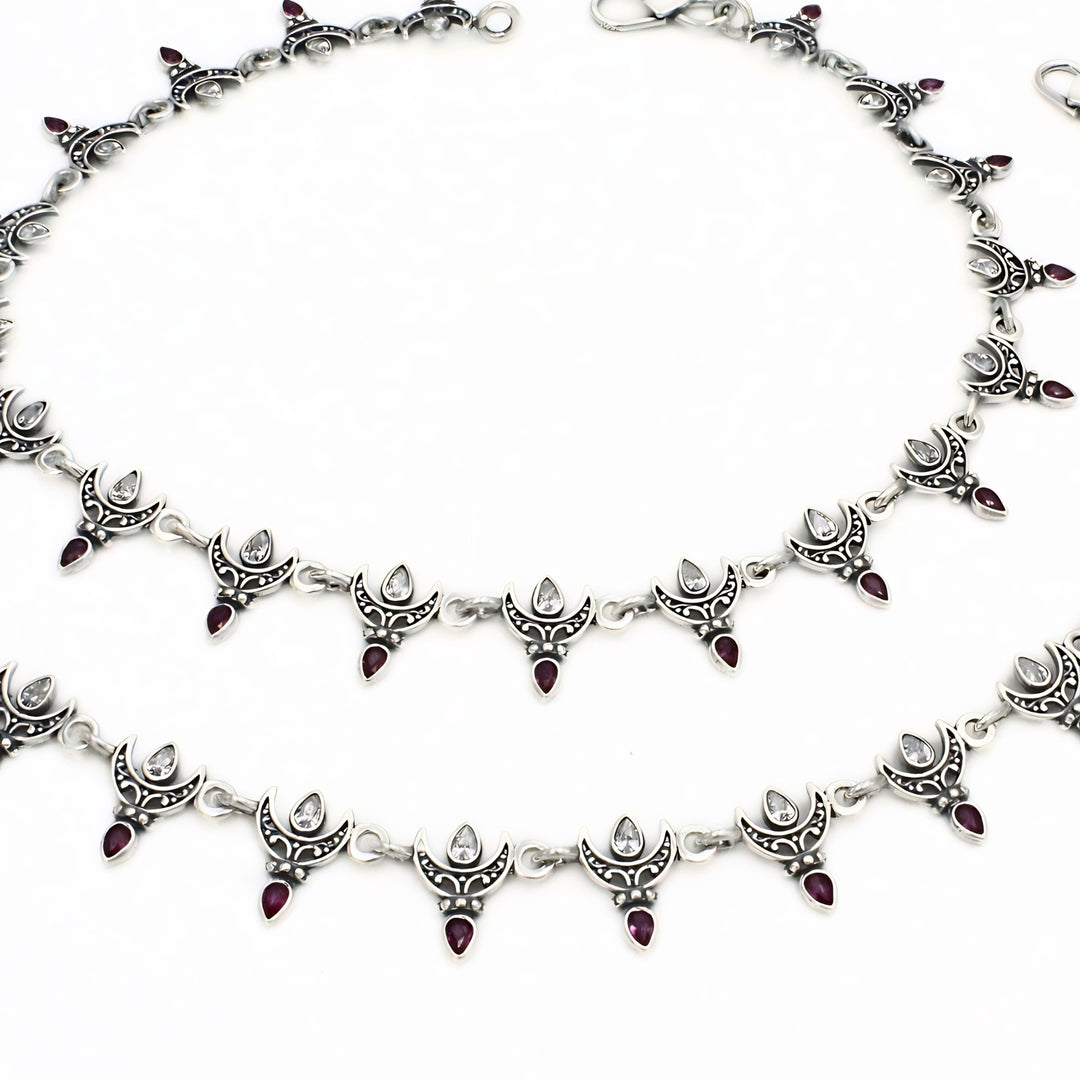 925 Silver Pink and White CZ Crescent Charm Oxidized Anklet Pair for Women - 10.3 in