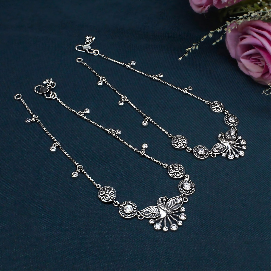 925 Sterling Silver Oxidized Peacock Design White CZ Anklet Pair – Spreading Feathers