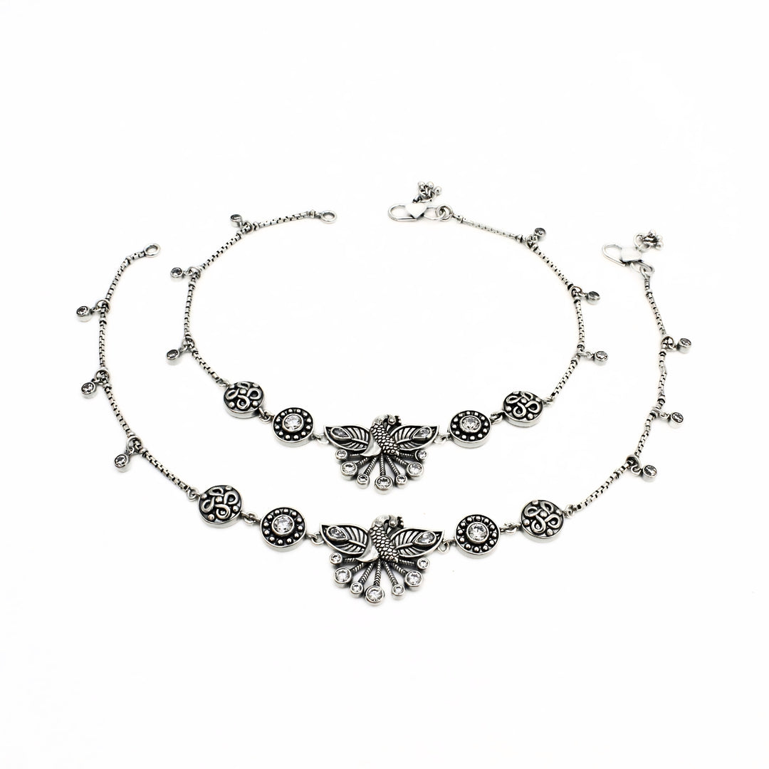 925 Sterling Silver Oxidized Peacock Design White CZ Anklet Pair – Spreading Feathers