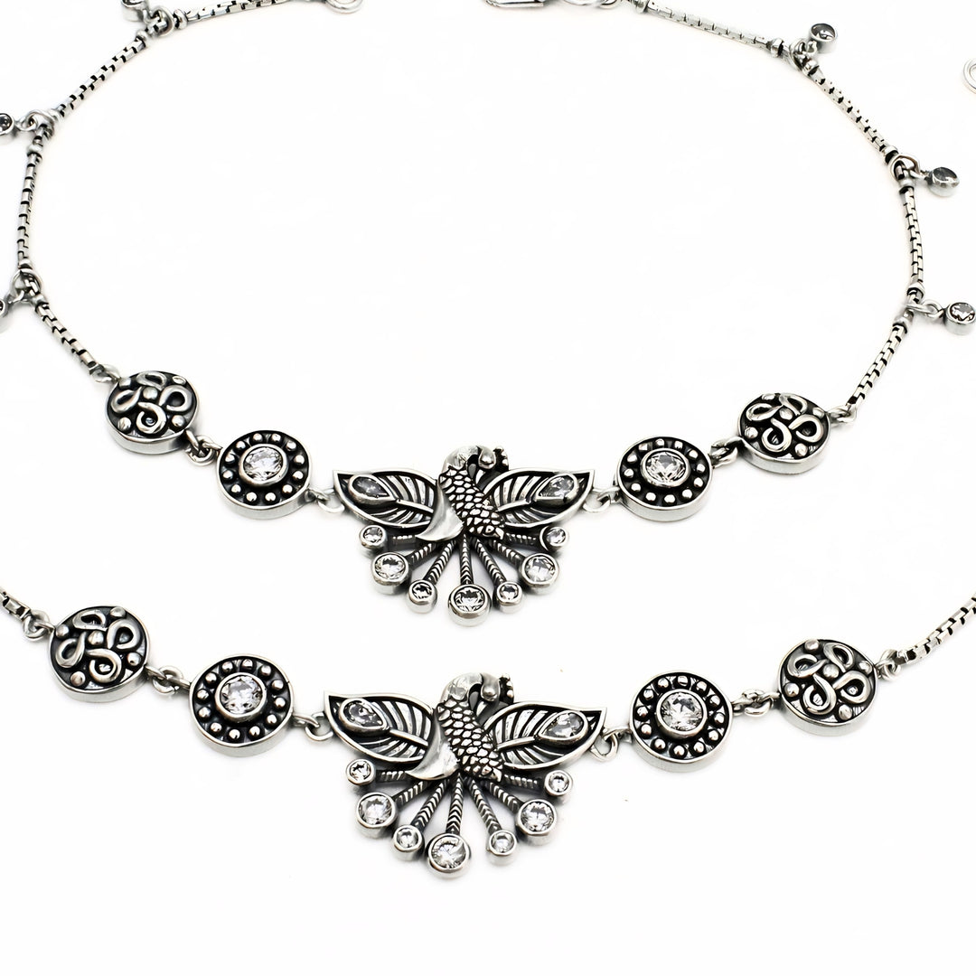 925 Sterling Silver Oxidized Peacock Design White CZ Anklet Pair – Spreading Feathers