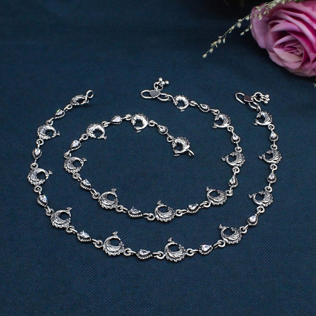 Elegant Oxidized Peacock Design 925 Sterling Silver Anklet Pair  - 10.5 in