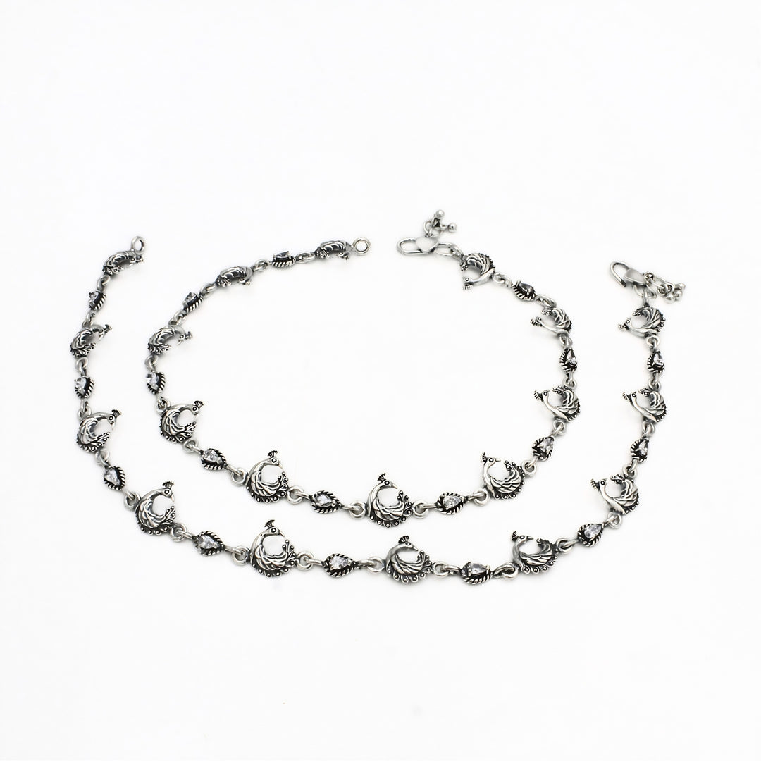 Elegant Oxidized Peacock Design 925 Sterling Silver Anklet Pair  - 10.5 in