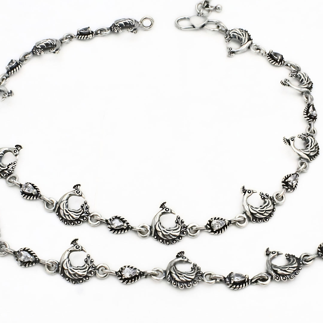 Elegant Oxidized Peacock Design 925 Sterling Silver Anklet Pair  - 10.5 in