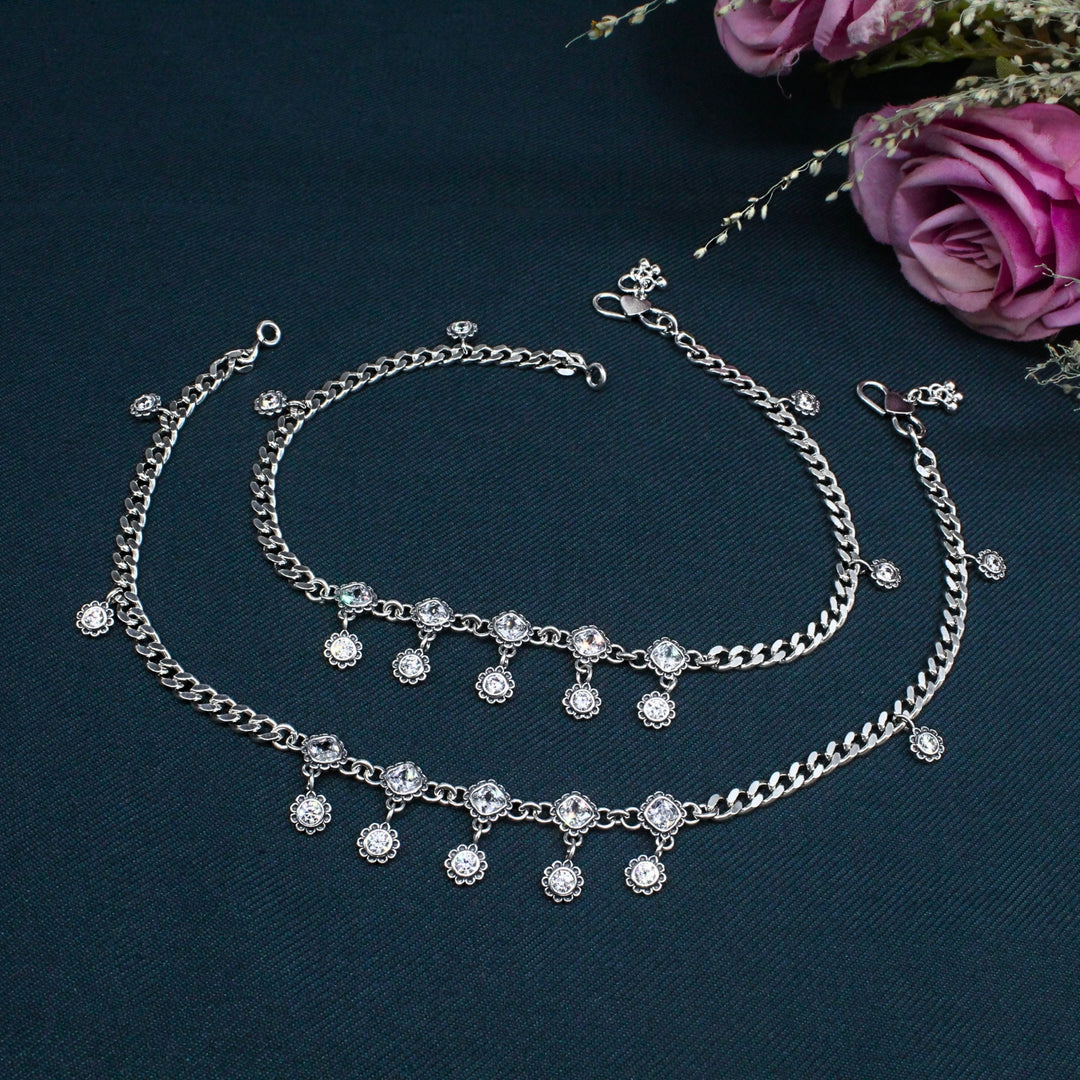 Sunburst Charm Silver Oxidized Anklet Pair – 925 Sterling Silver for Women