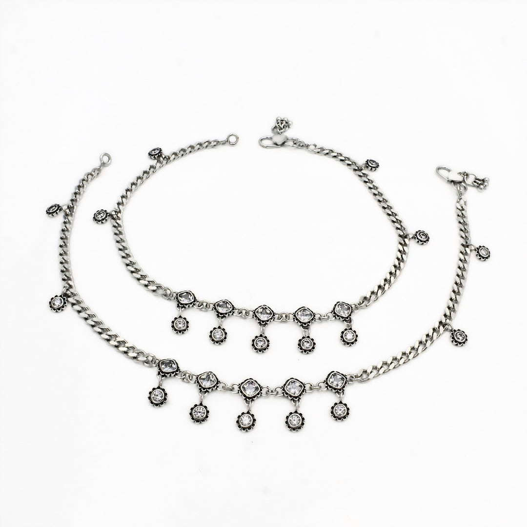 Sunburst Charm Silver Oxidized Anklet Pair – 925 Sterling Silver for Women