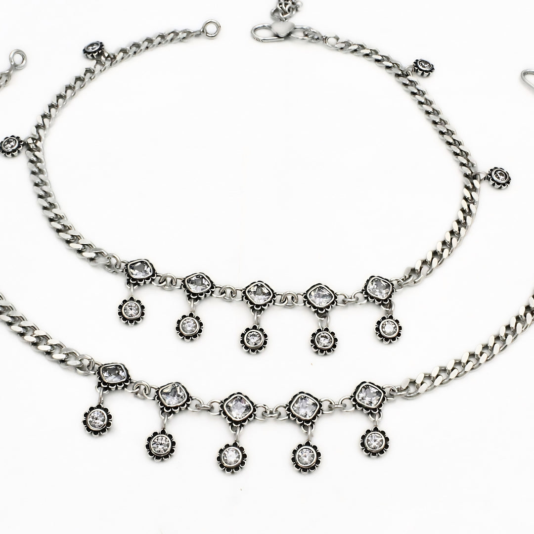 Sunburst Charm Silver Oxidized Anklet Pair – 925 Sterling Silver for Women