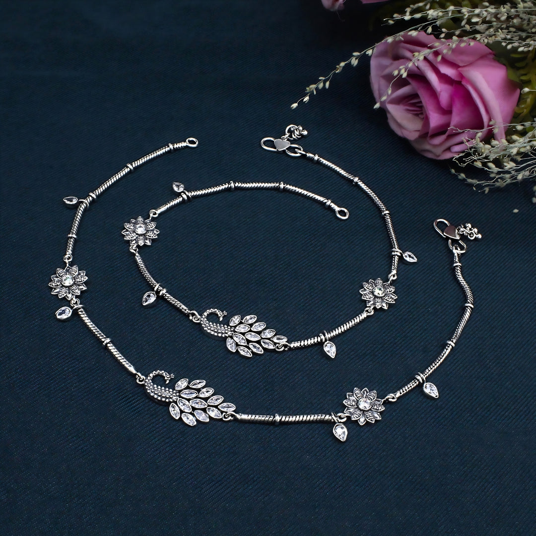 Oxidized 925 Silver Peacock & Floral Anklet Pair – Intricate Traditional Design