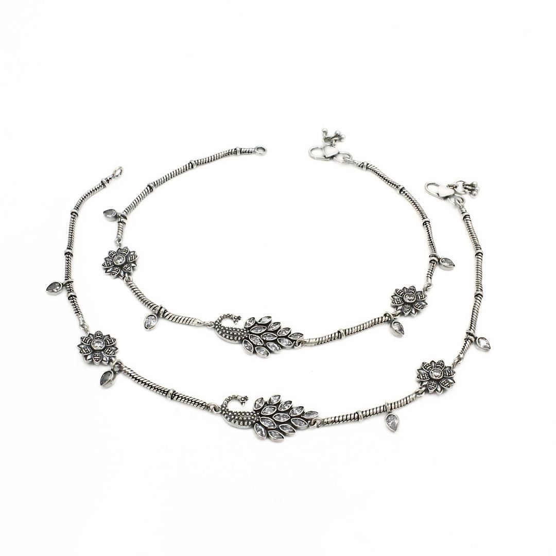 Oxidized 925 Silver Peacock & Floral Anklet Pair – Intricate Traditional Design