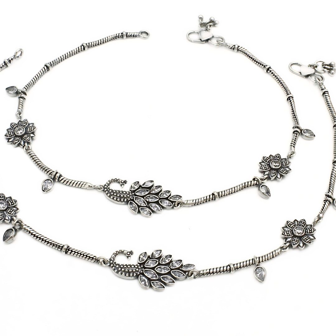 Oxidized 925 Silver Peacock & Floral Anklet Pair – Intricate Traditional Design