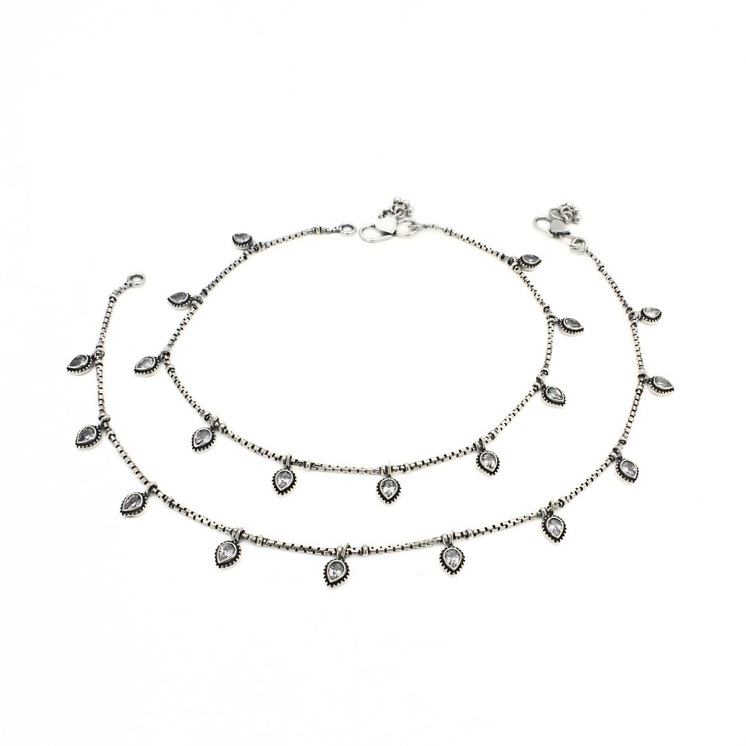 925 Sterling Silver Teardrop Dangle Charm Oxidized Anklet Pair for Women - 10.3 in