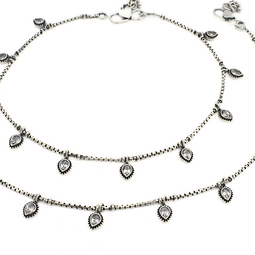 925 Sterling Silver Teardrop Dangle Charm Oxidized Anklet Pair for Women - 10.3 in