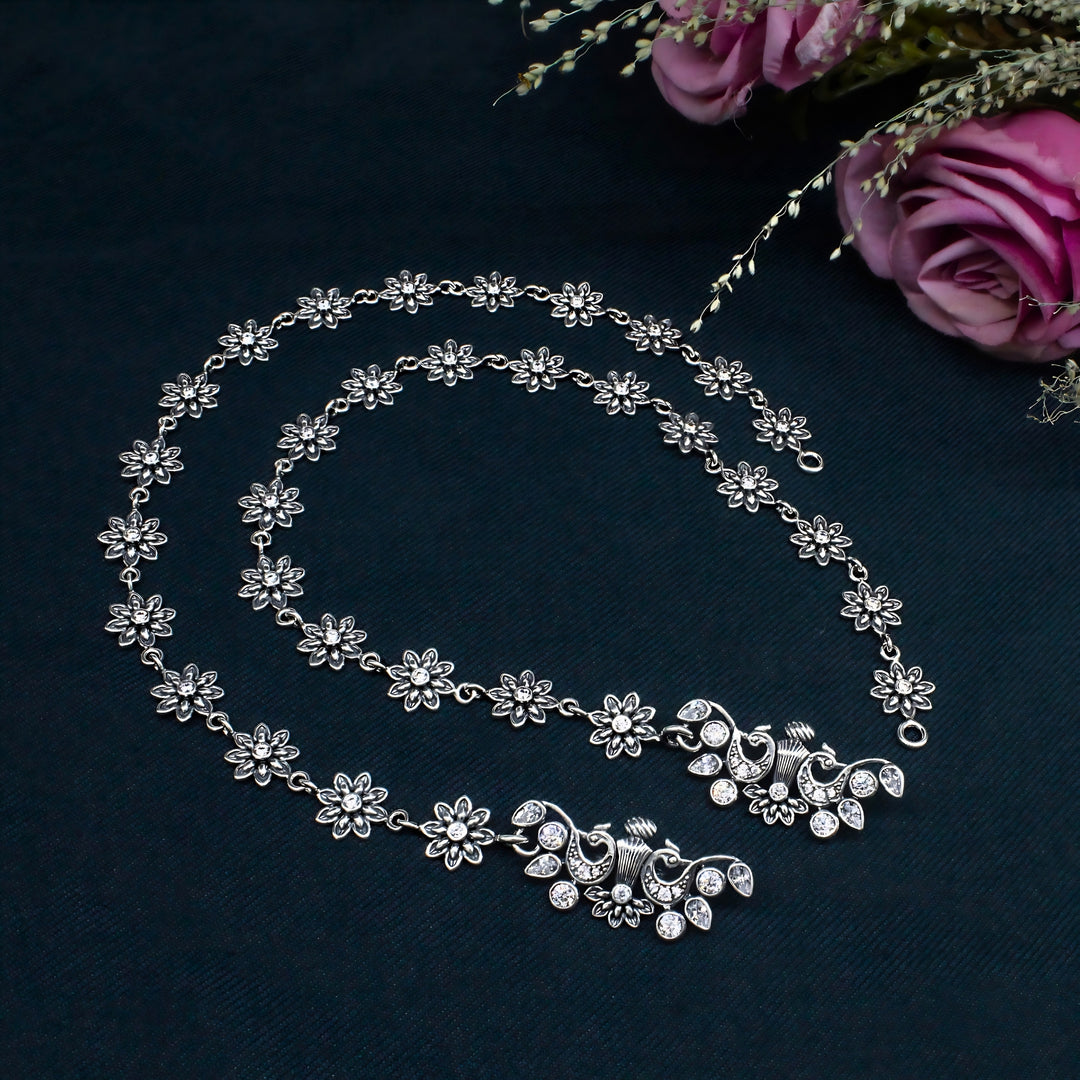 Floral Charm Silver Oxidized Anklet Pair – 925 Sterling Silver Women’s Anklet