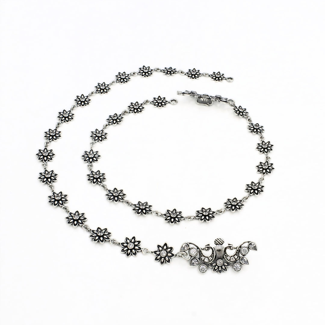 Floral Charm Silver Oxidized Anklet Pair – 925 Sterling Silver Women’s Anklet