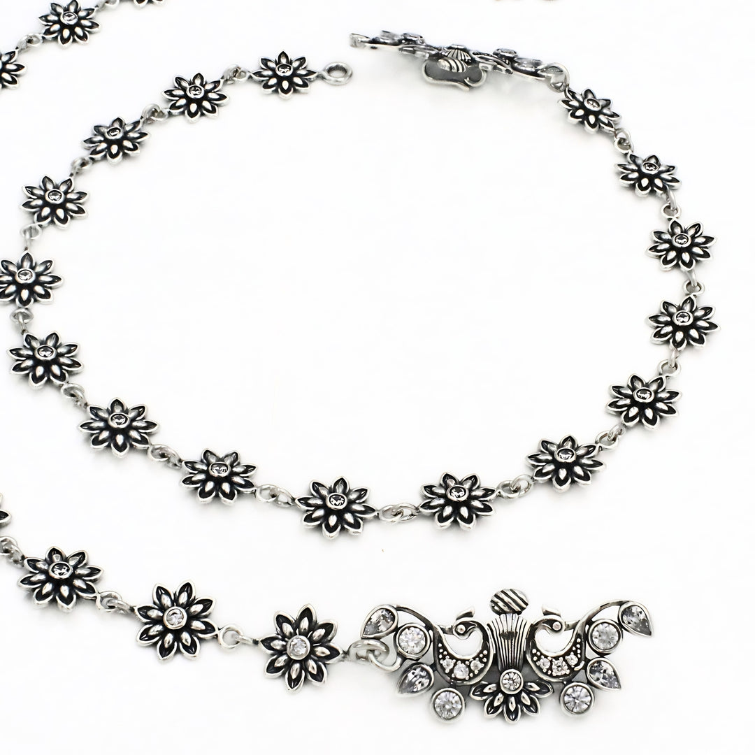 Floral Charm Silver Oxidized Anklet Pair – 925 Sterling Silver Women’s Anklet