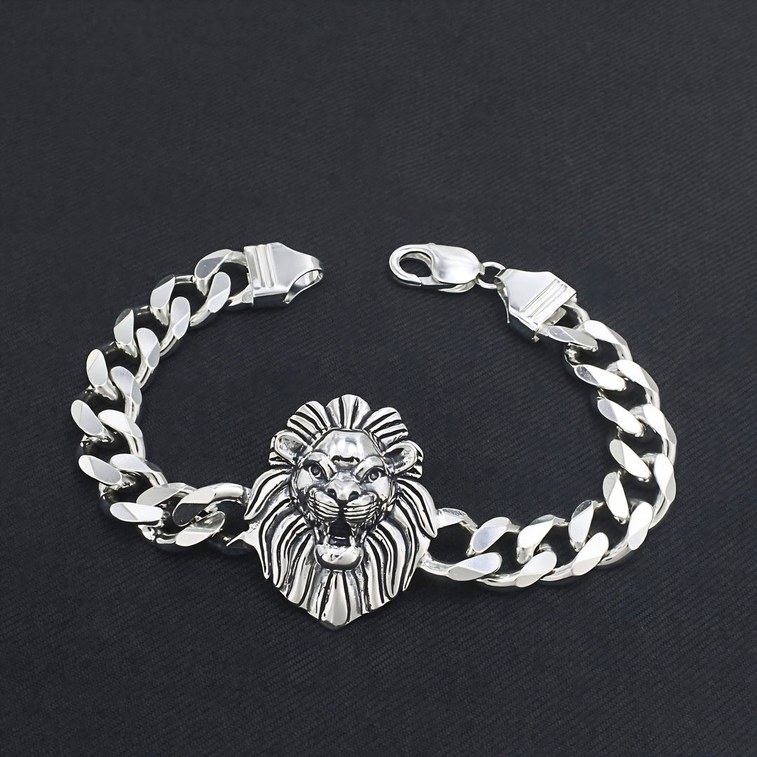 925 Sterling Silver Men's Lion Head Curb Chain Oxidized Bracelet