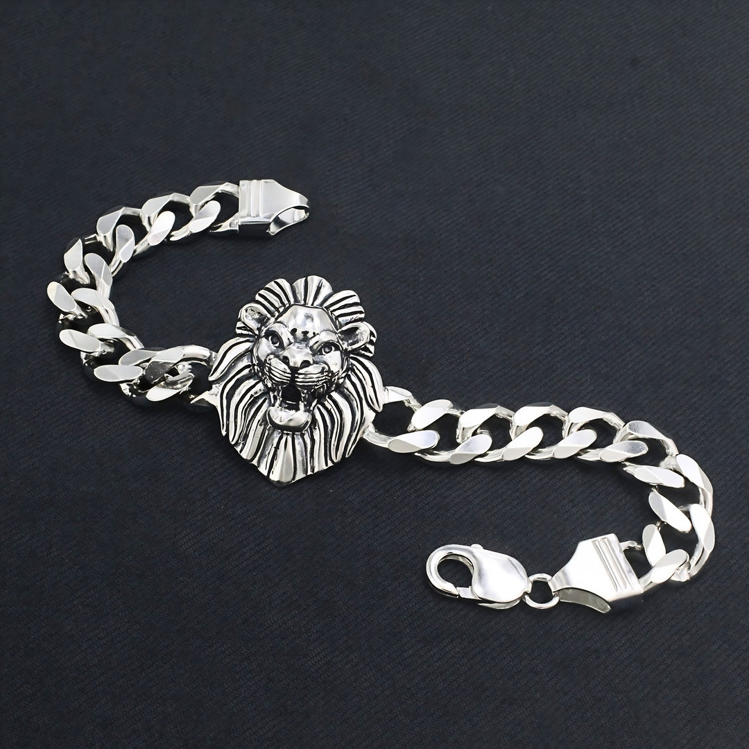 925 Sterling Silver Men's Lion Head Curb Chain Oxidized Bracelet
