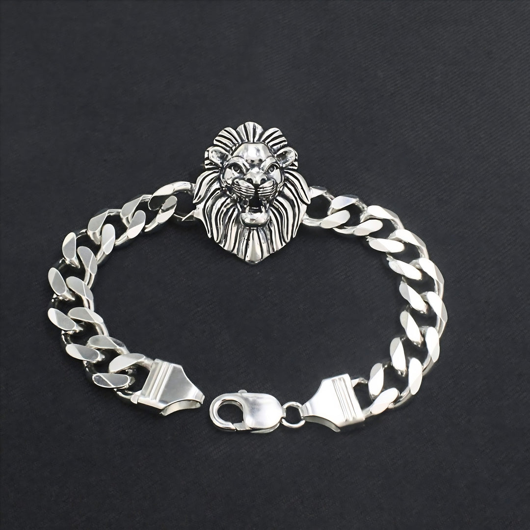 925 Sterling Silver Men's Lion Head Curb Chain Oxidized Bracelet