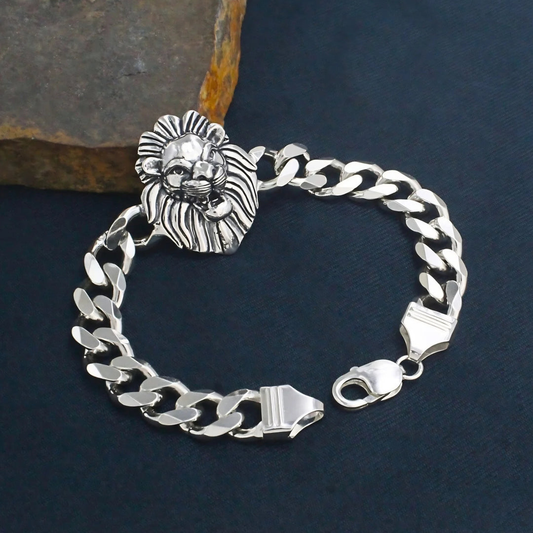 925 Sterling Silver Men's Lion Head Curb Chain Oxidized Bracelet