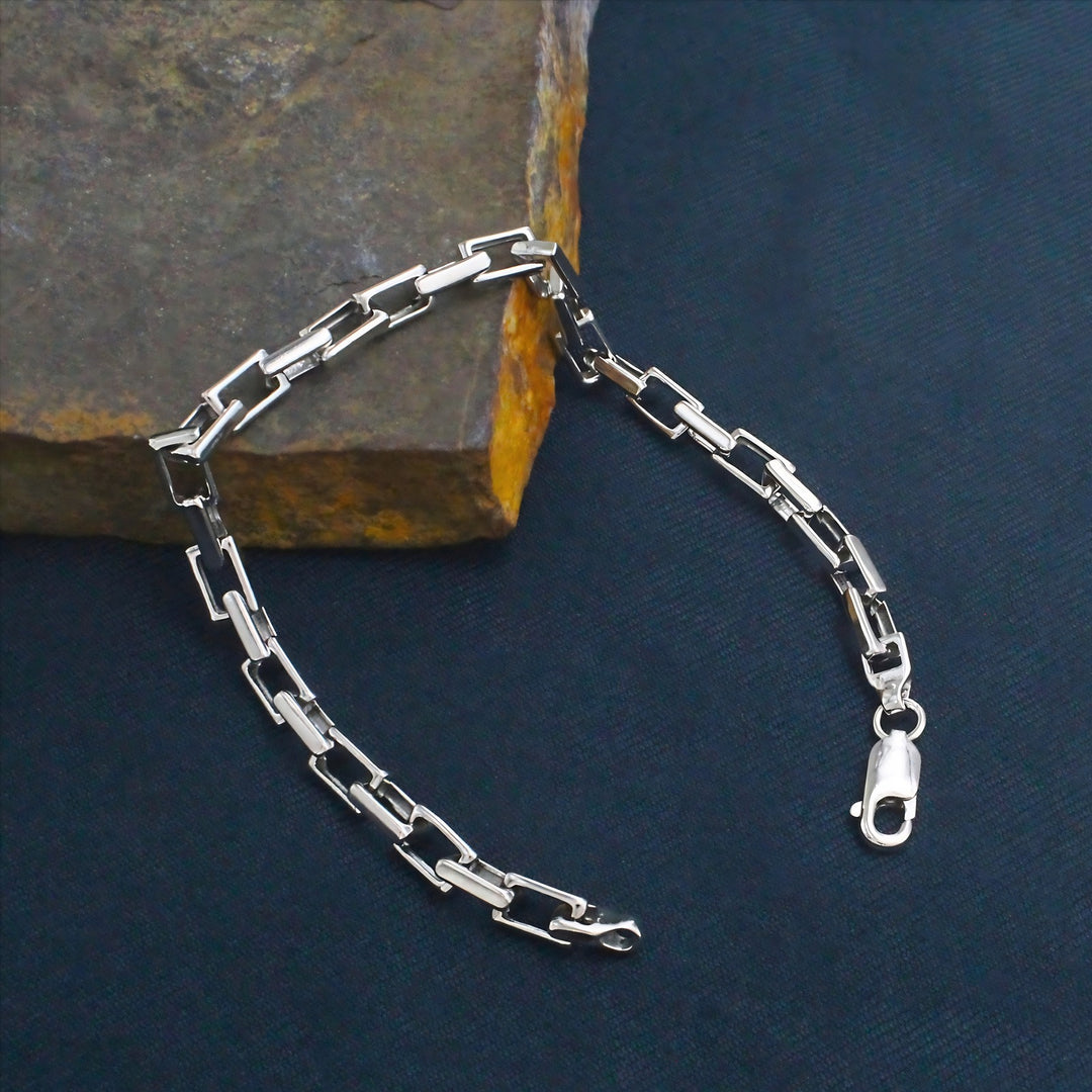 925 Sterling Silver Men's Interlocking Long Box Link Chain Bracelet
