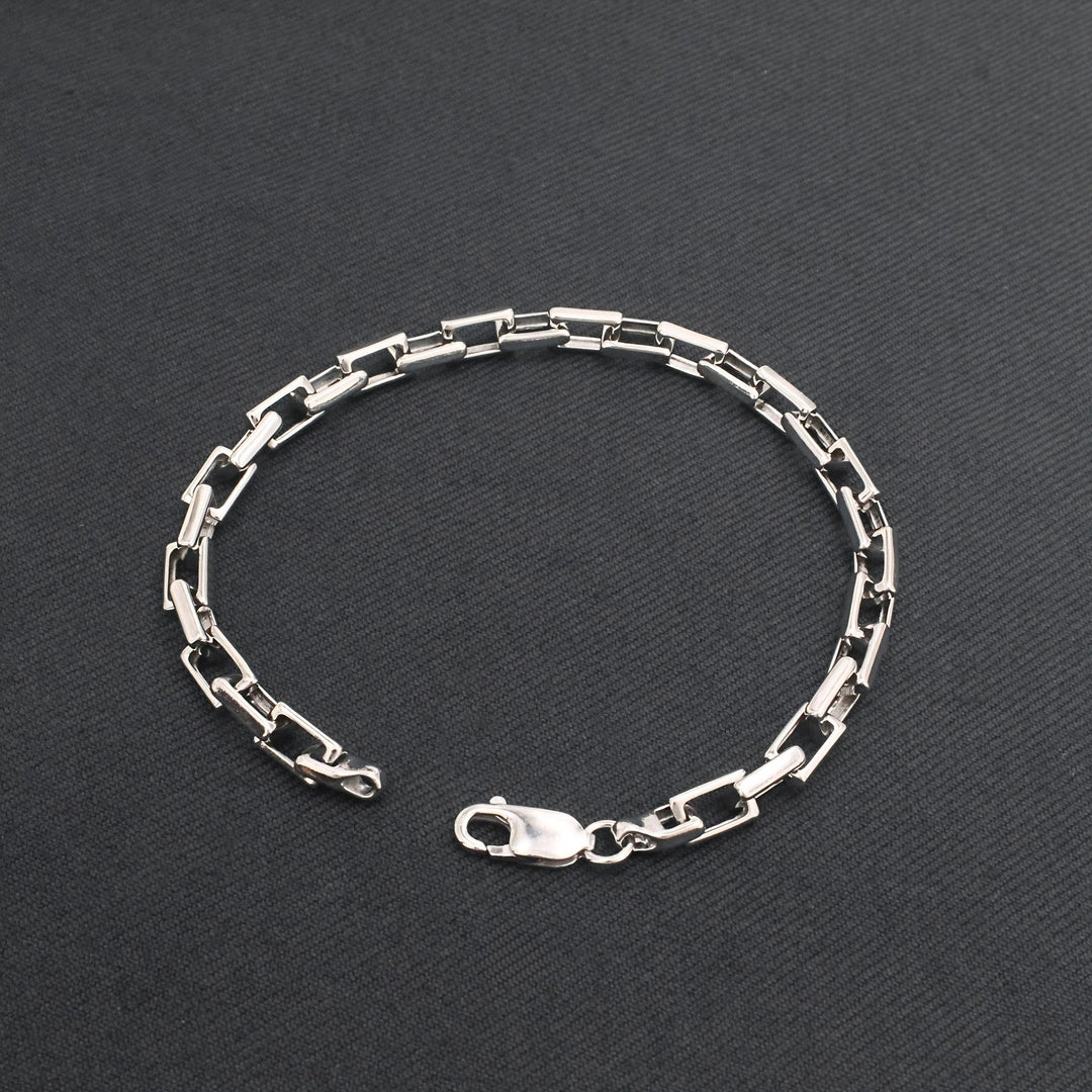 925 Sterling Silver Men's Interlocking Long Box Link Chain Bracelet