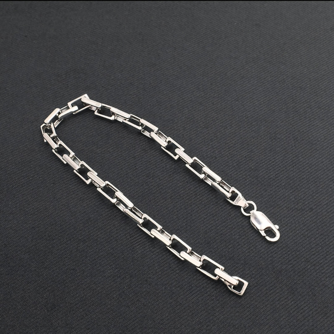 925 Sterling Silver Men's Interlocking Long Box Link Chain Bracelet