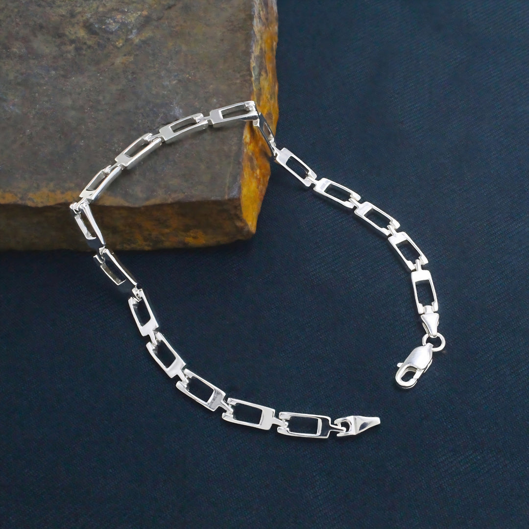 Real 925 Sterling Silver Men's Geometric Rectangle Link Chain Bracelet