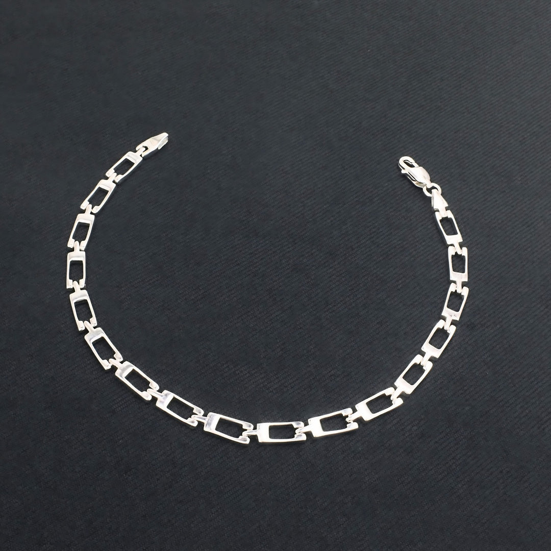 Real 925 Sterling Silver Men's Geometric Rectangle Link Chain Bracelet