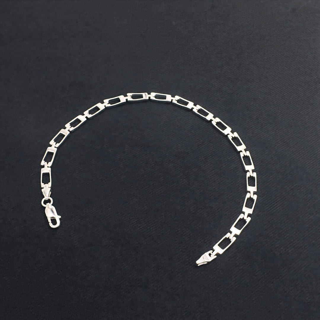 Real 925 Sterling Silver Men's Geometric Rectangle Link Chain Bracelet