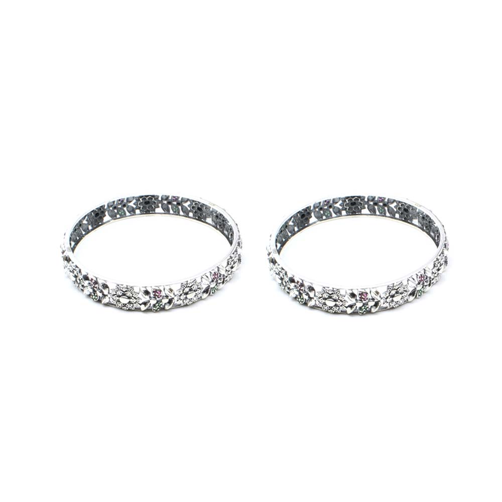 Flower Design Real Sterling Silver CZ Women Oxidized Bangles Pair - 6.2 CM