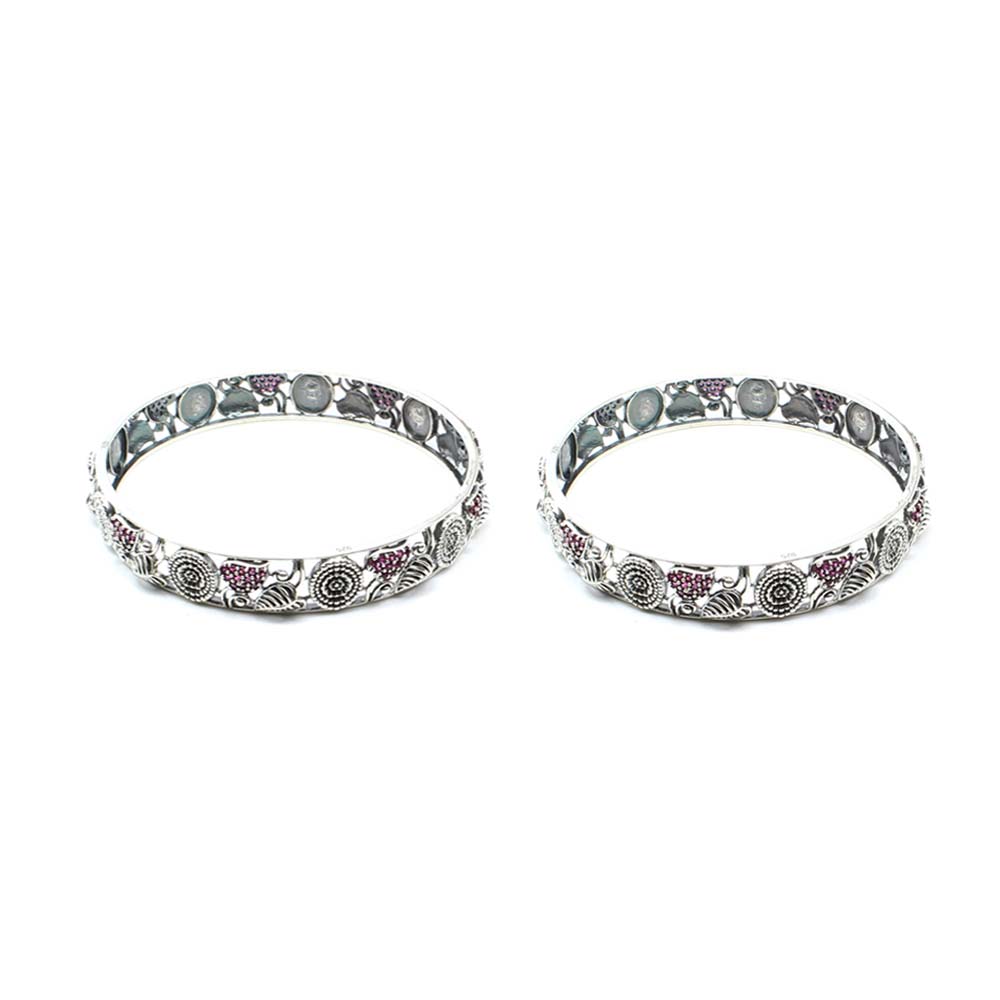 Real 925 Silver Pink CZ Women Oxidized Bangles Pair - 6.2 CM