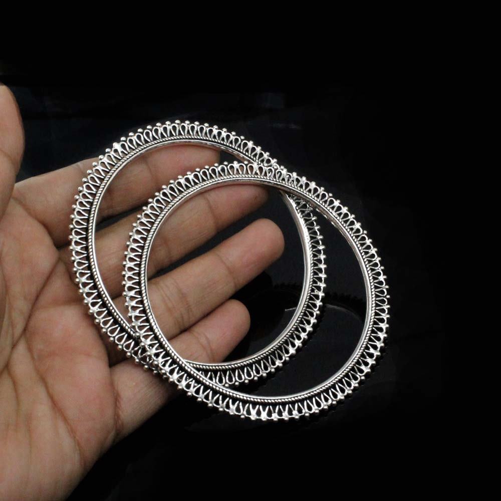 Indian Boho Style Real Sterling Silver Women Oxidized Bangles Pair