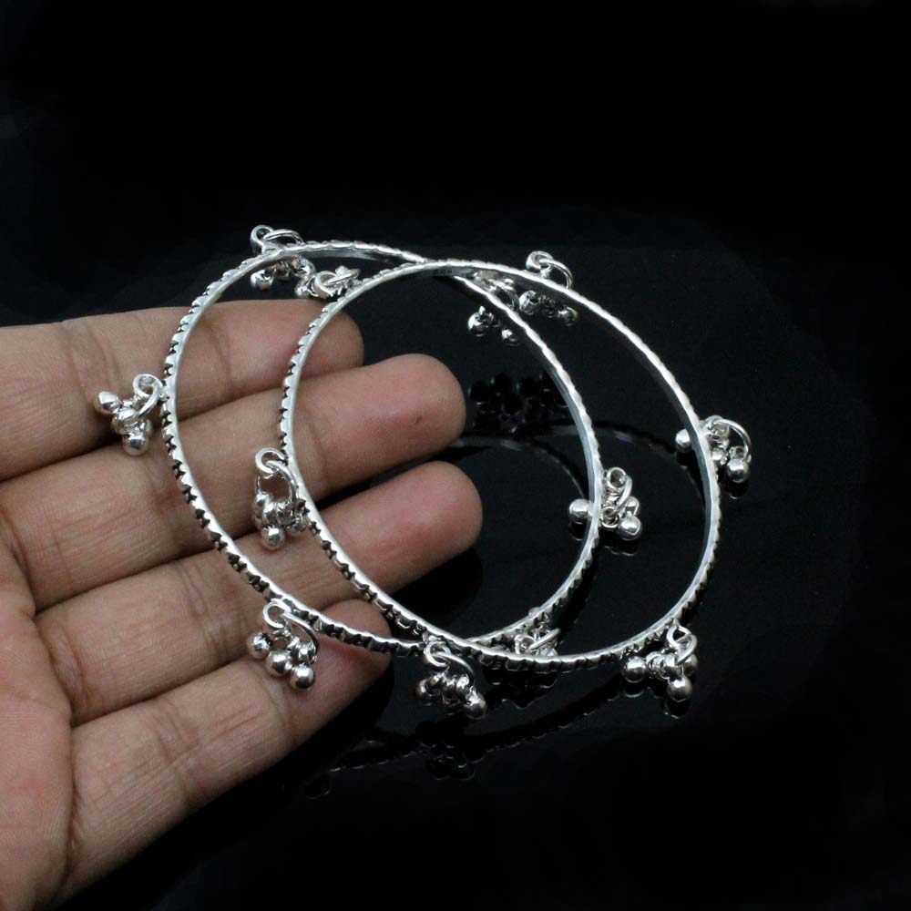 Cute Real Sterling Silver with jingle Bells Women Oxidized Bangles Pair